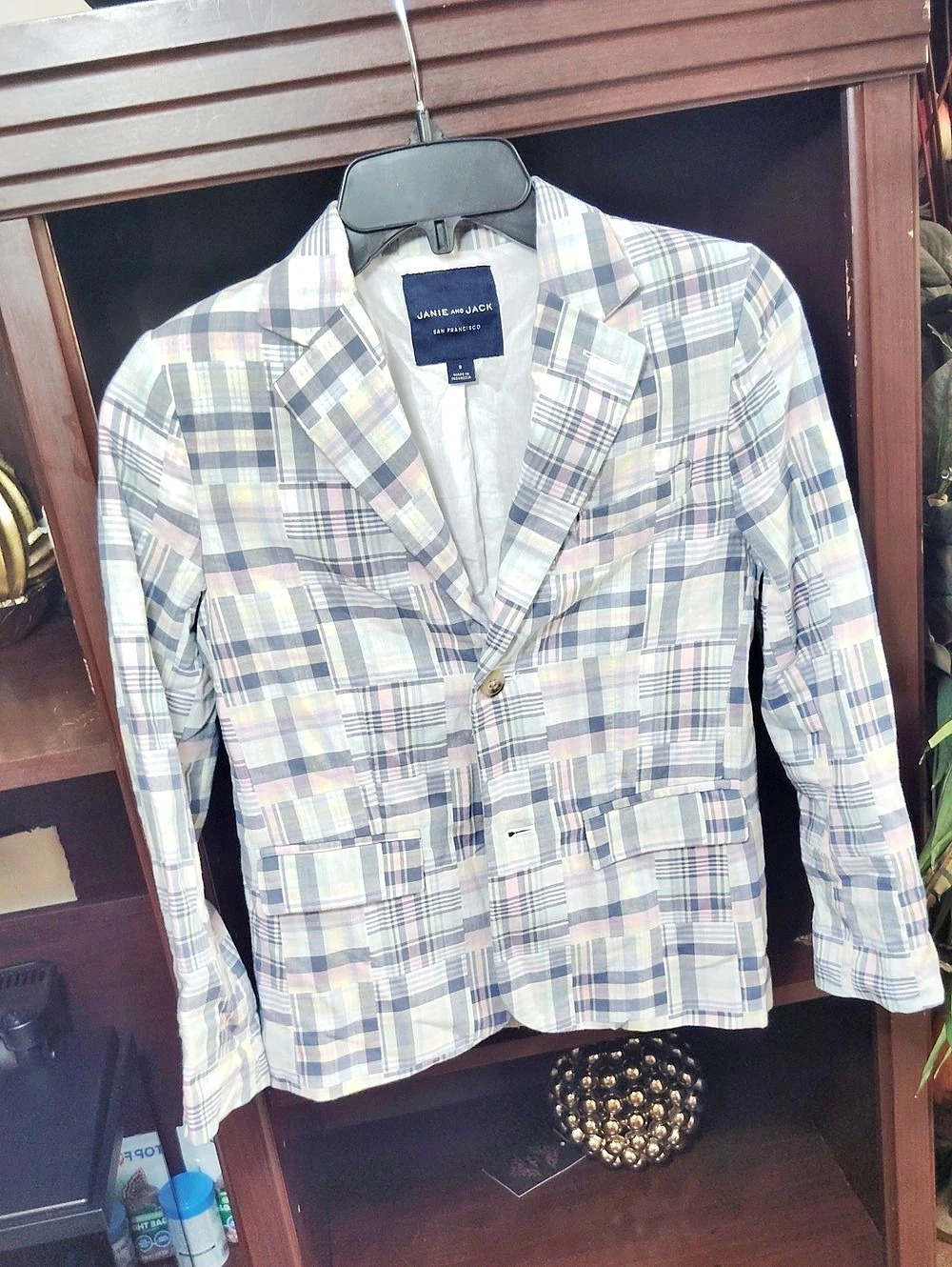 Jane and Jack Classic Style Plaid Blazer in White & Blue Size Medium